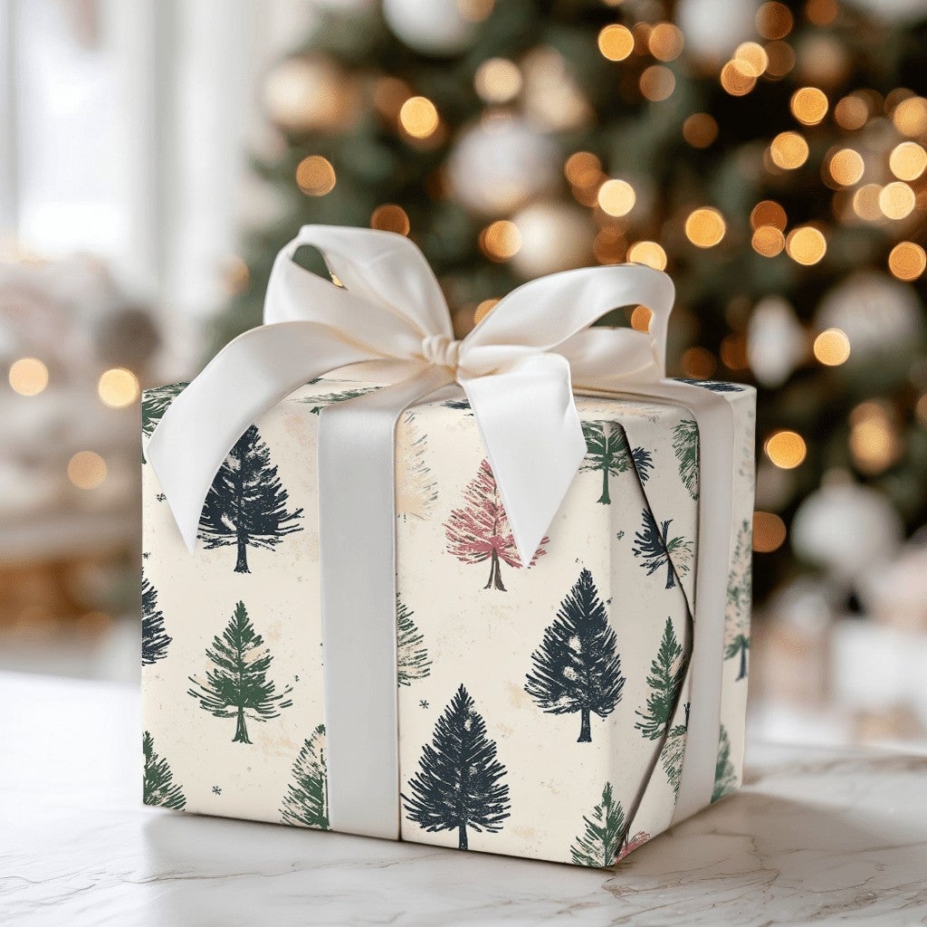 Vintage Christmas Wrapping Paper, Rustic Pine Tree Wrapping Paper, Forest Tree Holiday Gift Wrap, Winter Botanical Wrapping P
