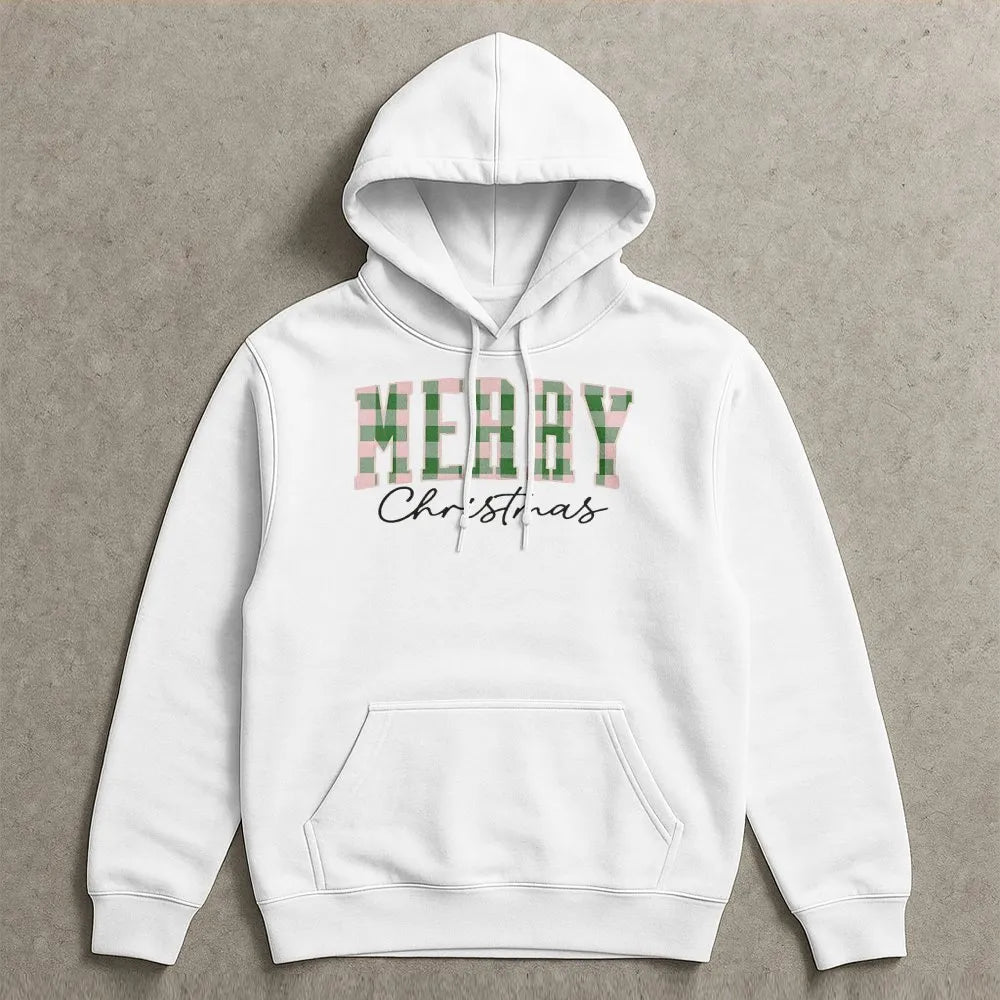 Buffalo Plaid Checkered Lettering Sweatshirt, Merry Christmas Hoodie, Comfy Holiday Winter Pullover, Festive Christmas Party 