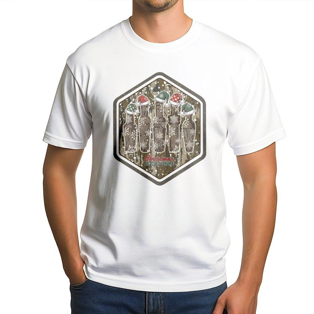 Camo Hunting Holiday Graphic Tee, Christmas Duck Call T-Shirt, Humorous Hunter Dad Xmas Shirt, Mallard Waterfowl Hunting Seas