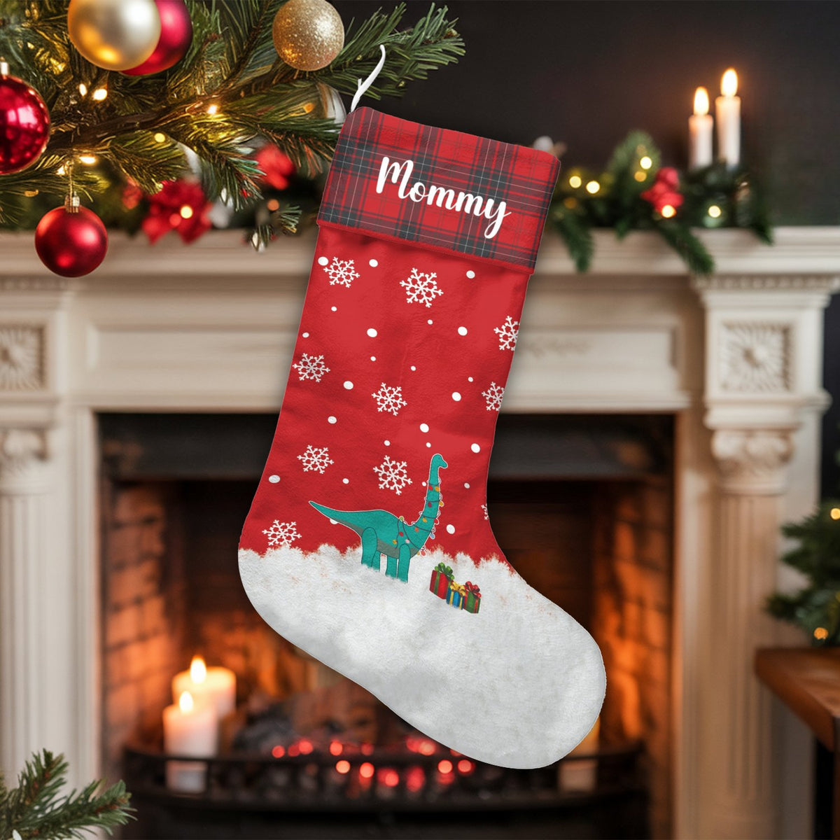 Dino Holiday Lights Stocking, Personalized Dinosaur Christmas Stocking, Adorable Dino Xmas Stocking, Custom Name Kids Holiday