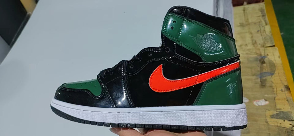 Sneakers, Black Green Orange Colorway, Patent Leather Footwear, Lace Up Design, Casual Gift for Sneaker Fans