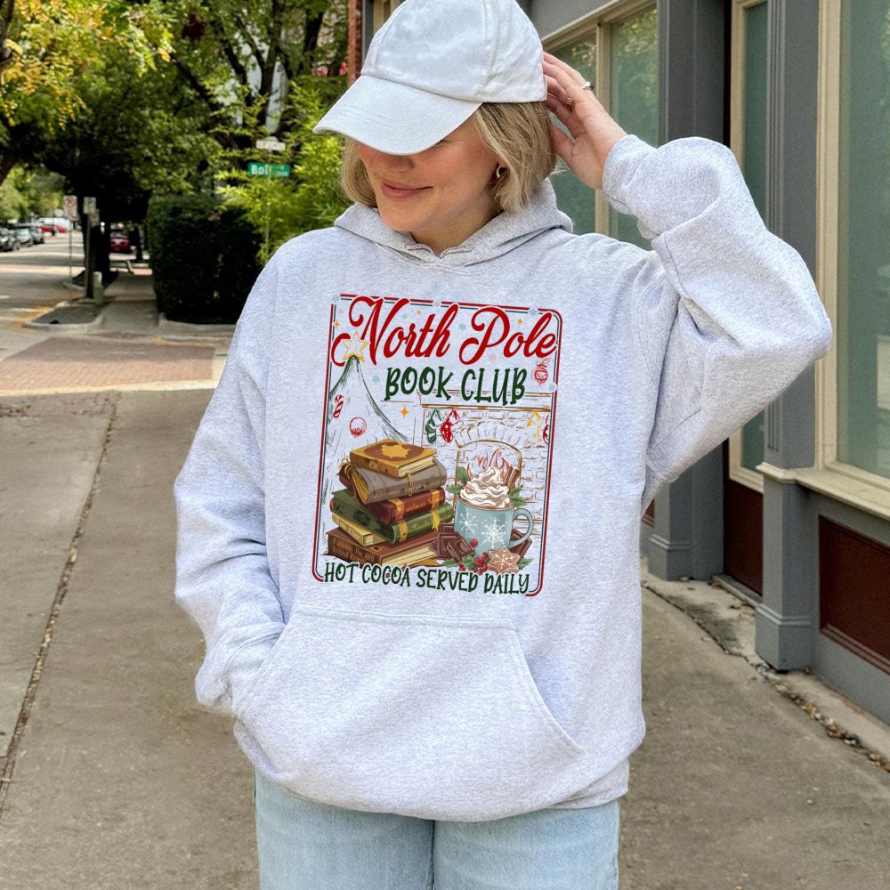 Comfy Christmas Reading Sweatshirt, North Pole Book Club Hoodie, Adorable Holiday Bookish Pullover, Reader Winter Hooded Top