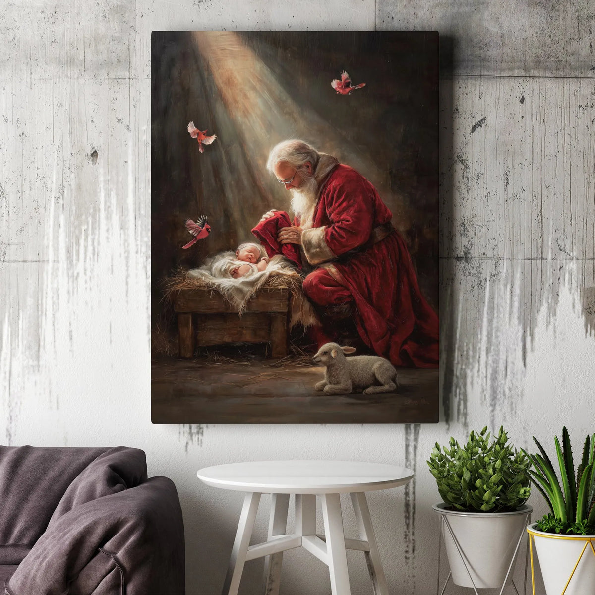 Religious Christmas Nativity Canvas Wall Art, Santa Kneeling at Manger Canvas Print, Holy Night Faith Canvas, Christian Holid
