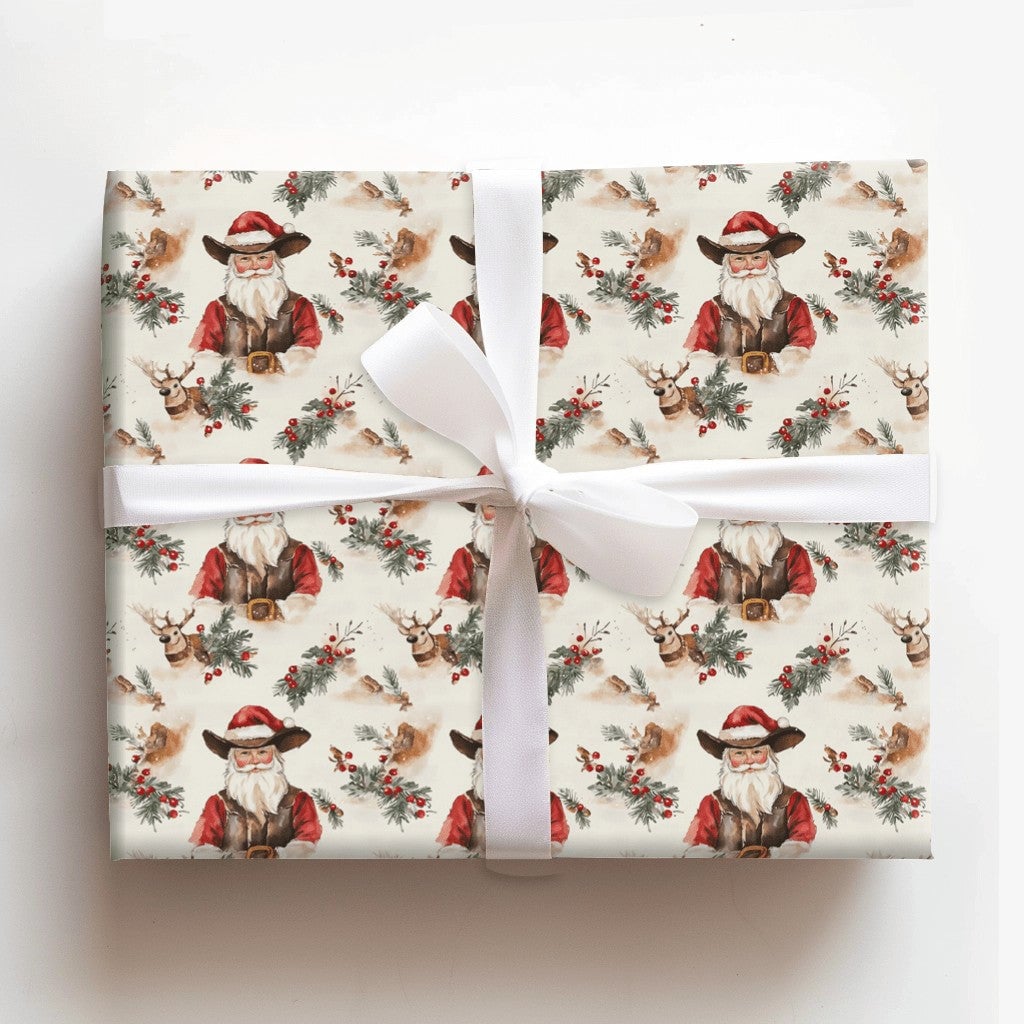Rustic Reindeer Holiday Gift Wrap, Western Cowboy Santa Wrapping Paper, Country Christmas Wrapping Paper, Pine Holly Berry Xm