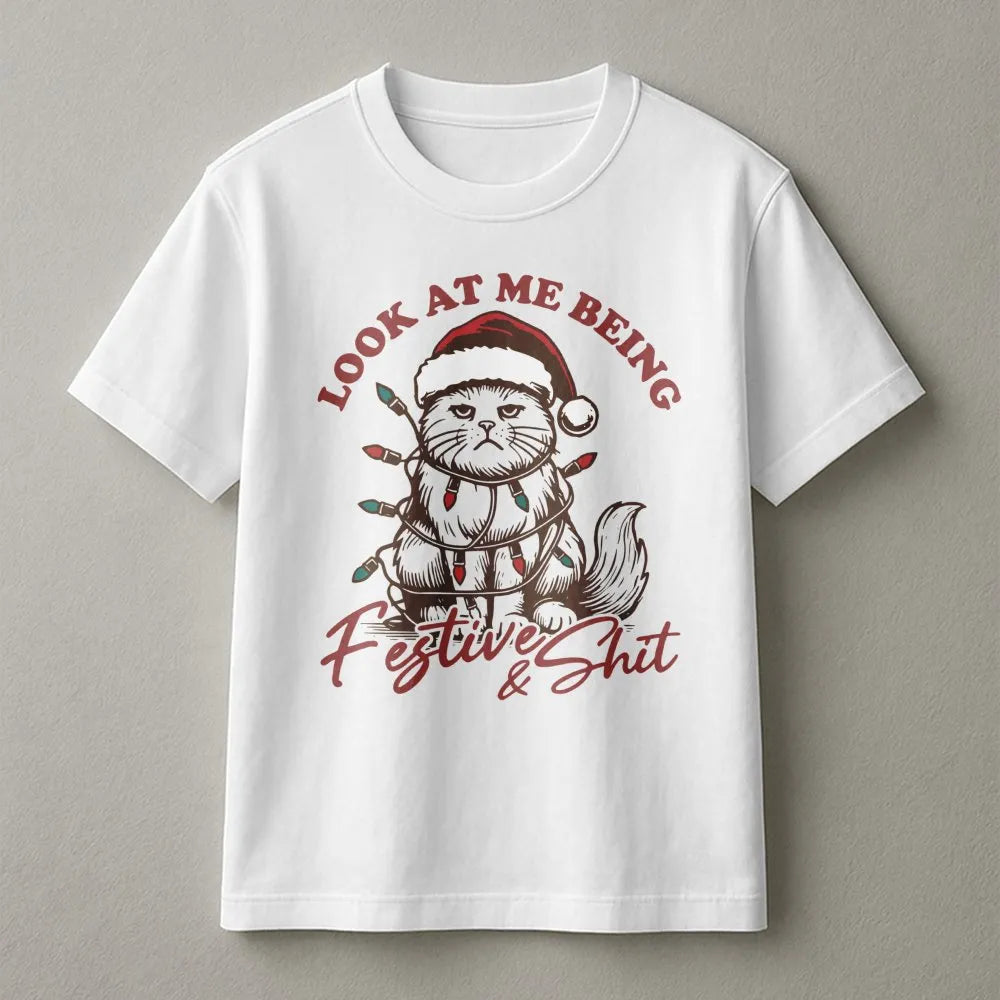 Kitten Tangled in Lights Shirt, Humorous Grumpy Cat Christmas T-Shirt, Sarcastic Holiday Graphic Tee, Cat Lover Christmas Gra