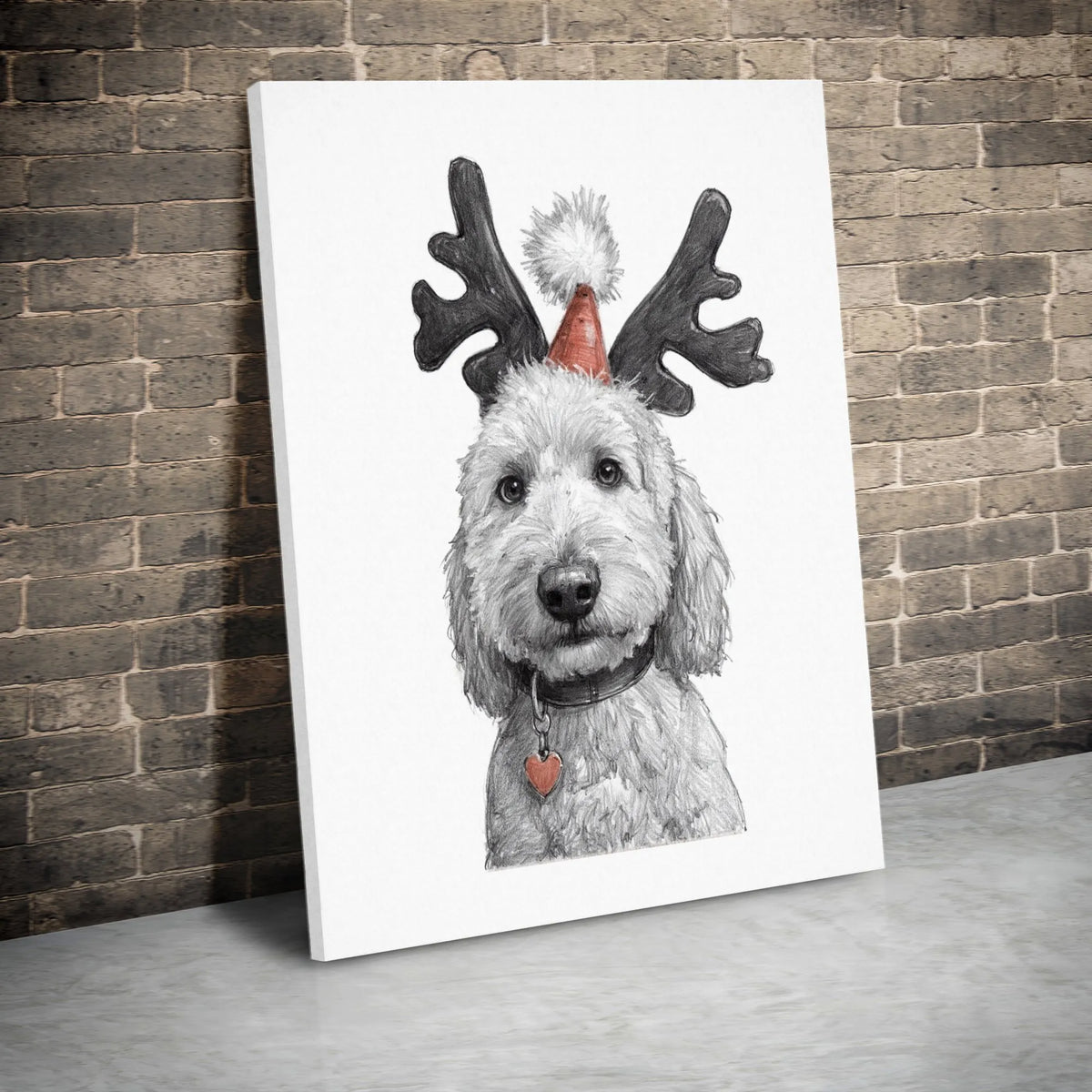 Pencil Sketch Dog Canvas Print, Goldendoodle Christmas Canvas Wall Art, Festive Reindeer Pet Wall Decor, Dog Lover Holiday Ca