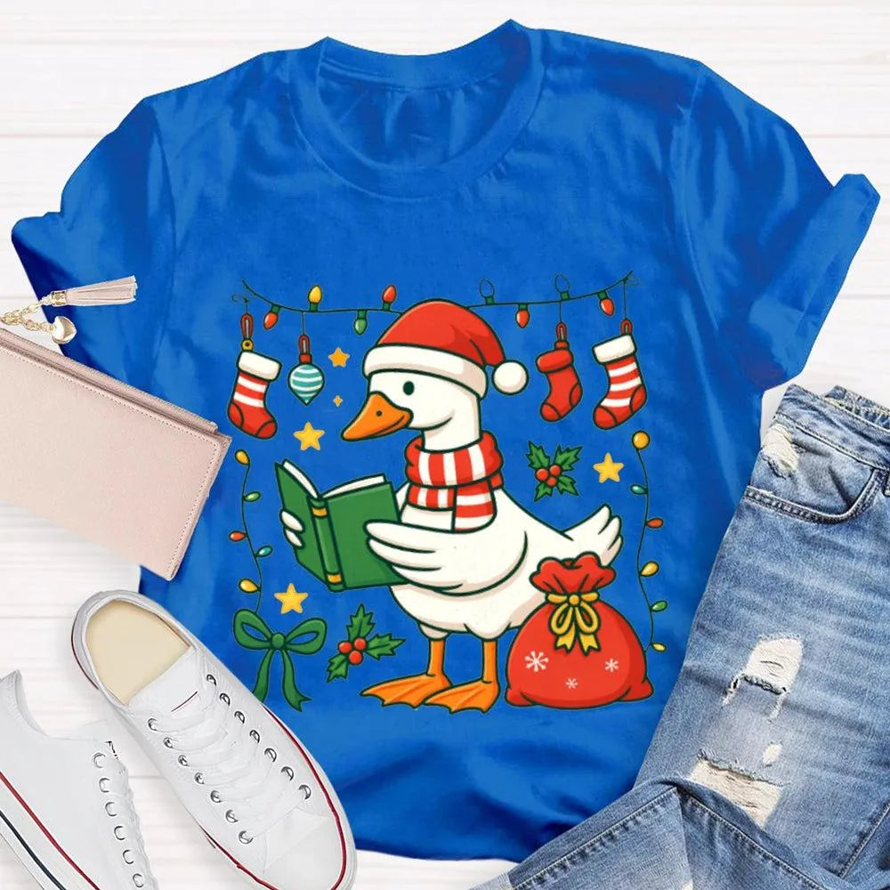 Humorous Holiday Bookworm Goose Shirt, Christmas Goose Reading Book T-Shirt, Adorable Winter Reading Tee, Book Lover Christma