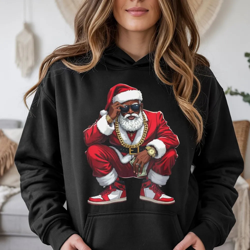 Hip Hop Streetwear Christmas Hoodie, Black Santa Hoodie, Humorous Retro Santa Hooded Sweatshirt, Urban Holiday Graphic Pullov