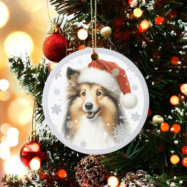 Santa Hat Sheltie Ceramic Ornament, Shetland Sheepdog Christmas Ornament, Dog Portrait Tree Ornament, Holiday Keepsake, Prese
