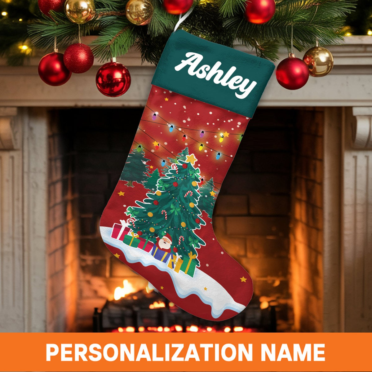 Custom Name Holiday Stocking, Personalized Santa Christmas Stocking, Christmas Tree Mantle Decor, Velboa Velvet Stocking, Fam