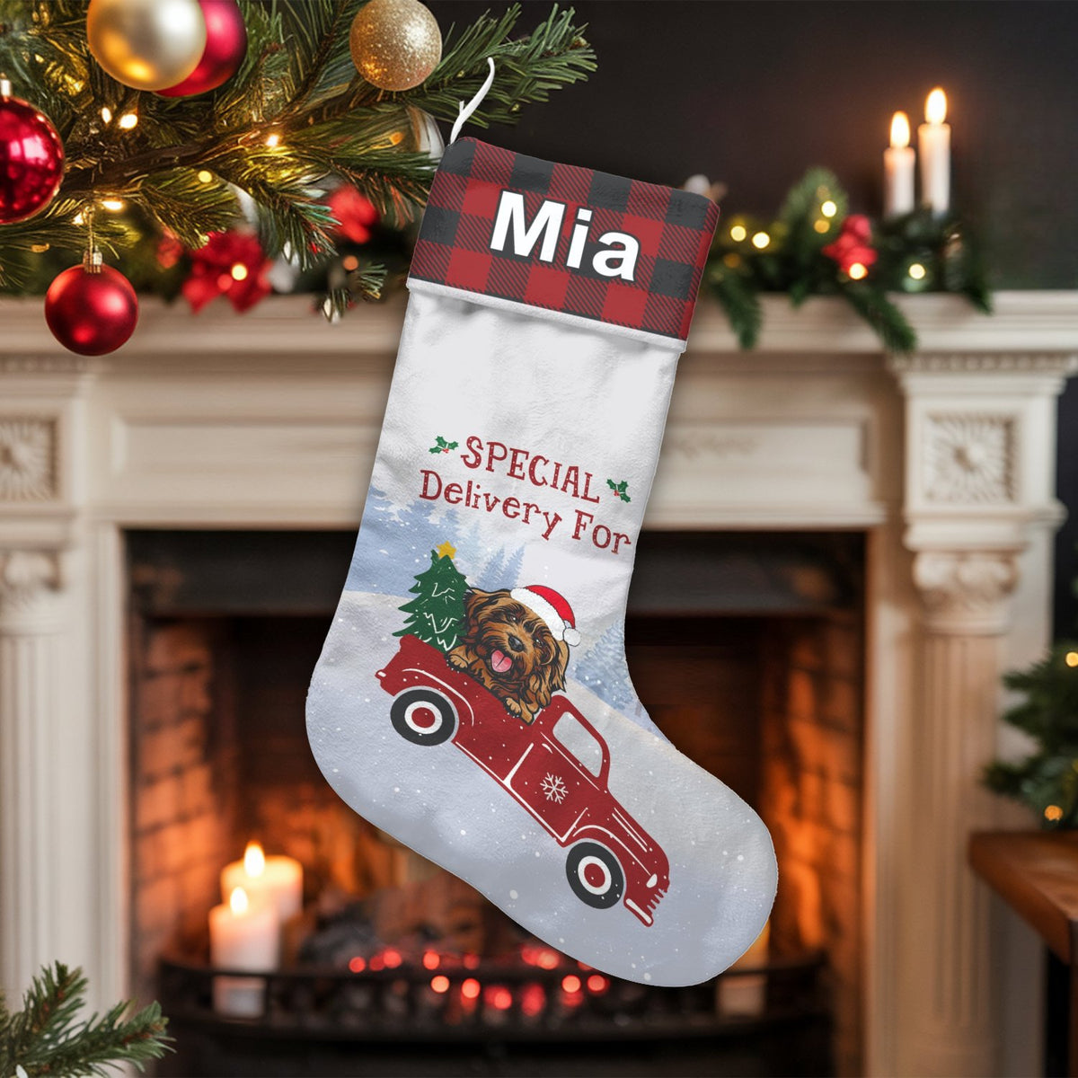 Vintage Truck Holiday Stocking, Personalized Dog Red Truck Christmas Stocking, Dog Lover Christmas Stocking, Custom Pet Xmas 