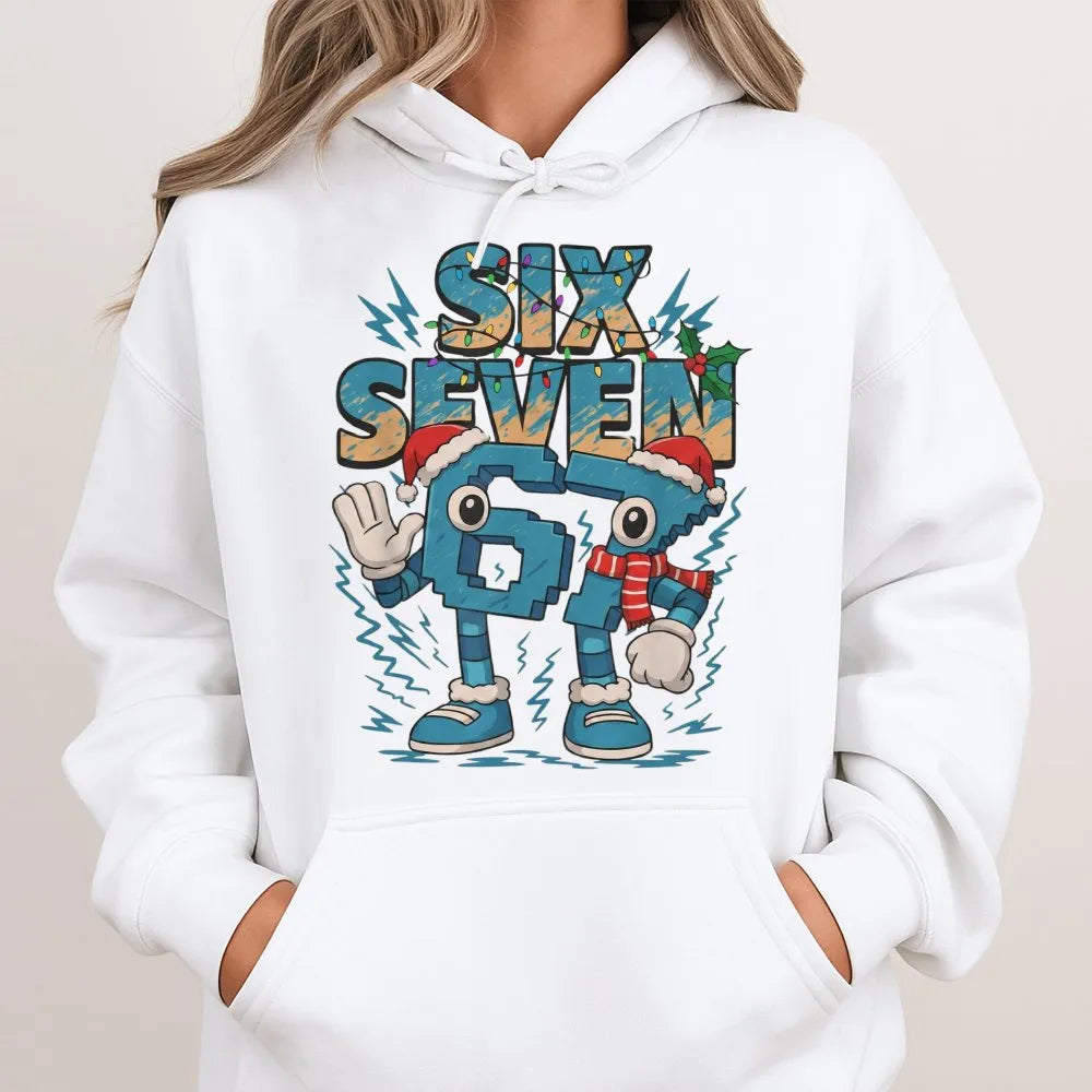 Humorous Brainrot Meme Sweatshirt, Six Seven Christmas Hoodie, Gen Z Holiday Hooded Pullover, Viral Xmas Graphic Hoodie, Teen