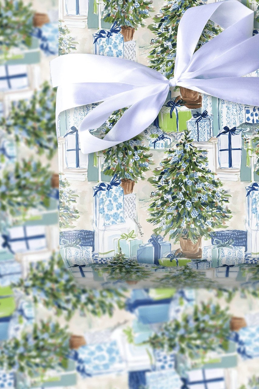 Watercolor Tree Gift Wrap, Chinoiserie Christmas Wrapping Paper, Preppy Blue Holiday Wrapping Paper, Elegant Winter Xmas Wrap