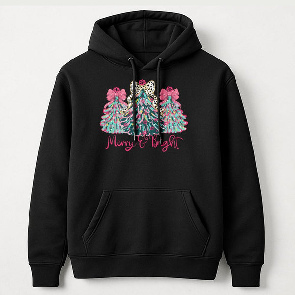 Leopard Print Xmas Tree Hoodie, Merry and Bright Christmas Hoodie, Colorful Holiday Sweatshirt, Christmas Hooded Sweatshirt, 