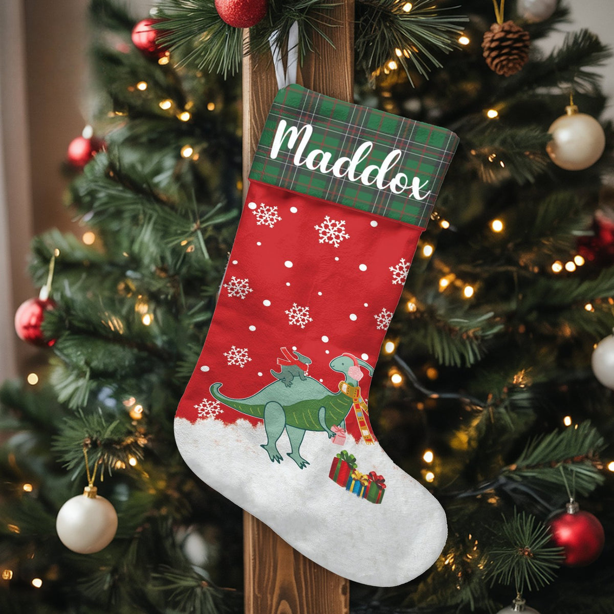 Custom Name Holiday Dino Stocking, Personalized Dinosaur Christmas Stocking, Adorable Kids Xmas Stocking, Festive Family Fire