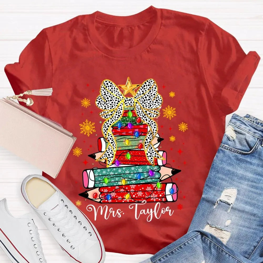 Custom Name Pencil Snowflake Tee, Personalized Teacher Christmas Tree Shirt, Holiday Teacher T-Shirt, Christmas Teacher Prese