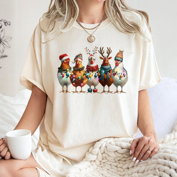 Humorous Farm Animals Holiday Graphic Tee, Christmas Chicken T-Shirt, Country Winter Chicken Coop Shirt, Adorable Xmas Farmer
