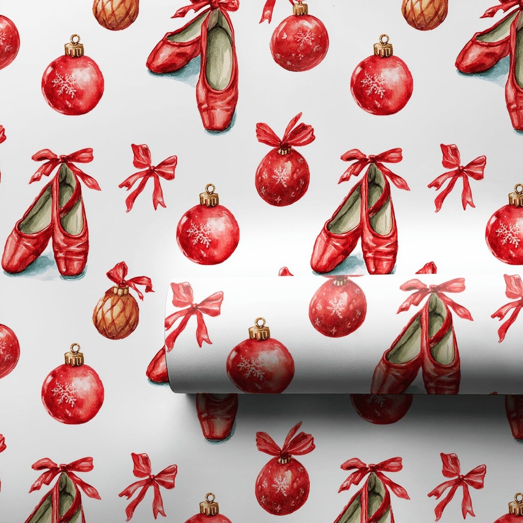 Christmas Nutcracker Gift Wrap, Ballet Pointe Shoes Wrapping Paper, Red Ribbon Holiday Wrapping Paper, Ballerina Dancer Gift 