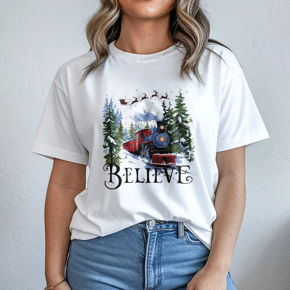 Retro Winter Holiday T-Shirt, Believe Christmas Train Shirt, Vintage Magic Forest Graphic Tee, Festive Xmas Express Train Lov