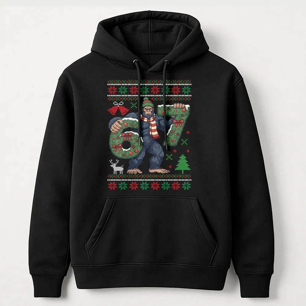 Sasquatch Ugly Xmas Hoodie, Humorous Bigfoot Christmas Hoodie, Retro Sasquatch Holiday Sweatshirt, Winter Christmas Hoodie, B
