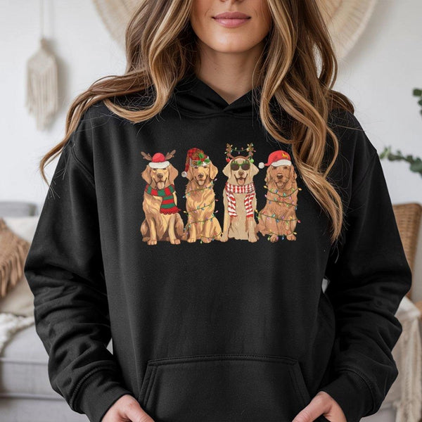 Festive Dog Lights Hoodie, Christmas Golden Retriever Hoodie, Holiday Dog Lover Hooded Sweatshirt, Adorable Xmas Golden Retri