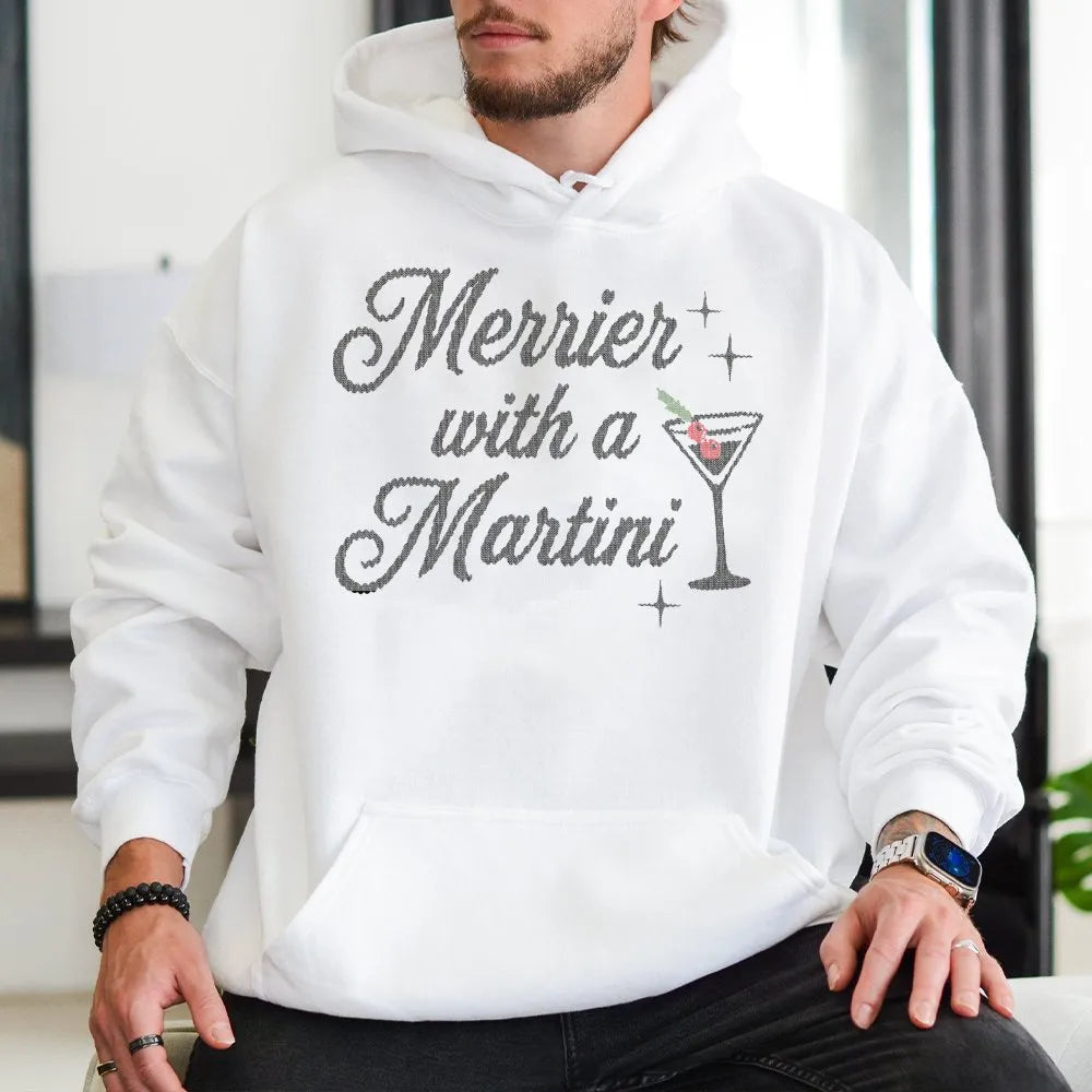 Festive Cocktail Hoodie, Merrier with a Martini Hoodie, Christmas Martini Hoodie, Holiday Party Hooded Sweatshirt, Drinking P