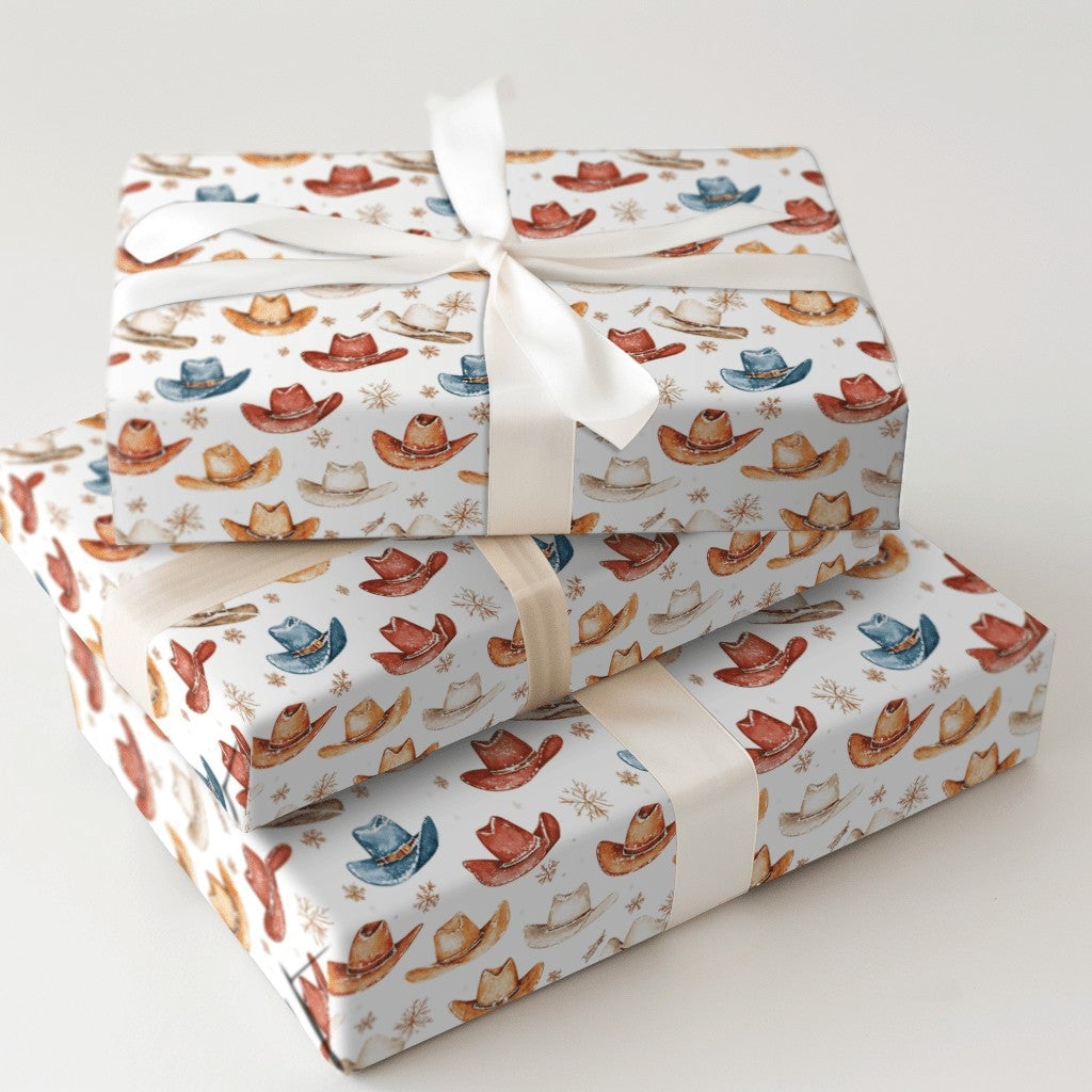Western Holiday Gift Wrap, Watercolor Cowboy Hat Wrapping Paper, Rustic Country Christmas Present Wrap, Snowflake Festive Pre