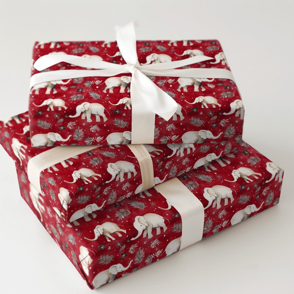 Festive Red Elephant Gift Wrap, Watercolor White Elephant Wrapping Paper, Christmas Elephant Wrapping Paper, Winter Botanical