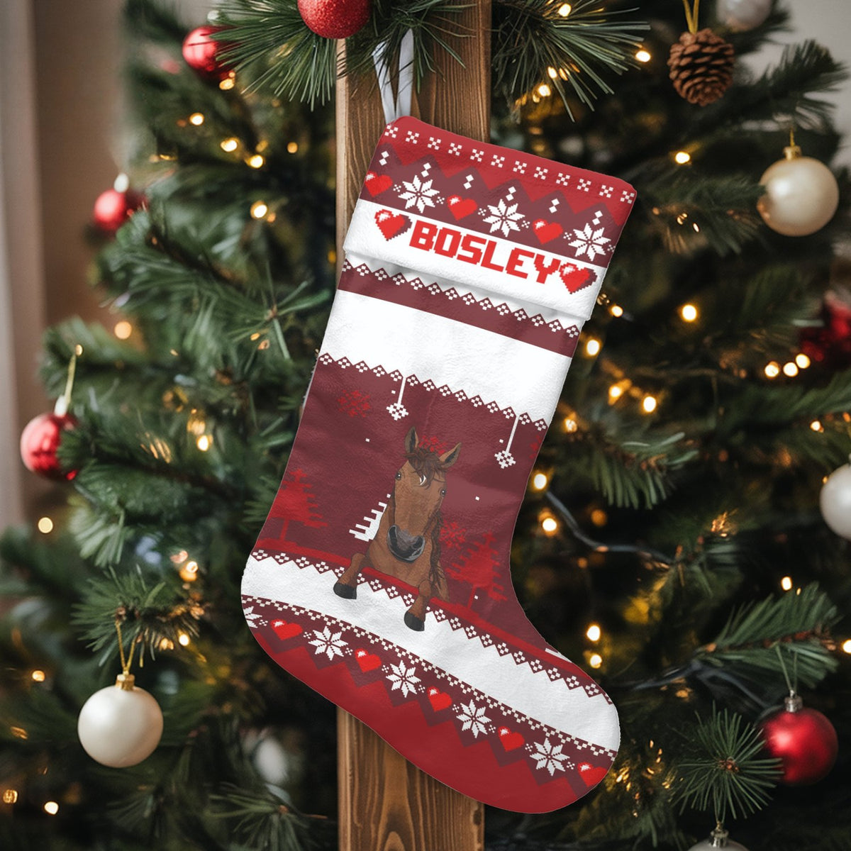 Fair Isle Velboa Stocking, Personalized Horse Christmas Stocking, Custom Name Equestrian Holiday Decor, Fireplace Christmas S