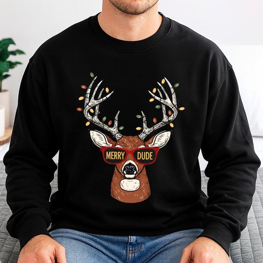 Humorous Christmas Deer Sweatshirt, Merry Dude Reindeer Sweatshirt, Holiday Hunting Crewneck, Retro Reindeer Sweater, Christm