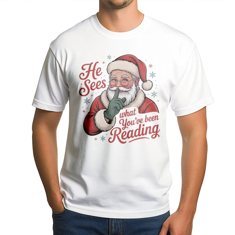 Humorous Book Lover Christmas Shirt, He Sees What You've Been Reading Shirt, Bookish Holiday Graphic Tee, Reader T-Shirt, Boo