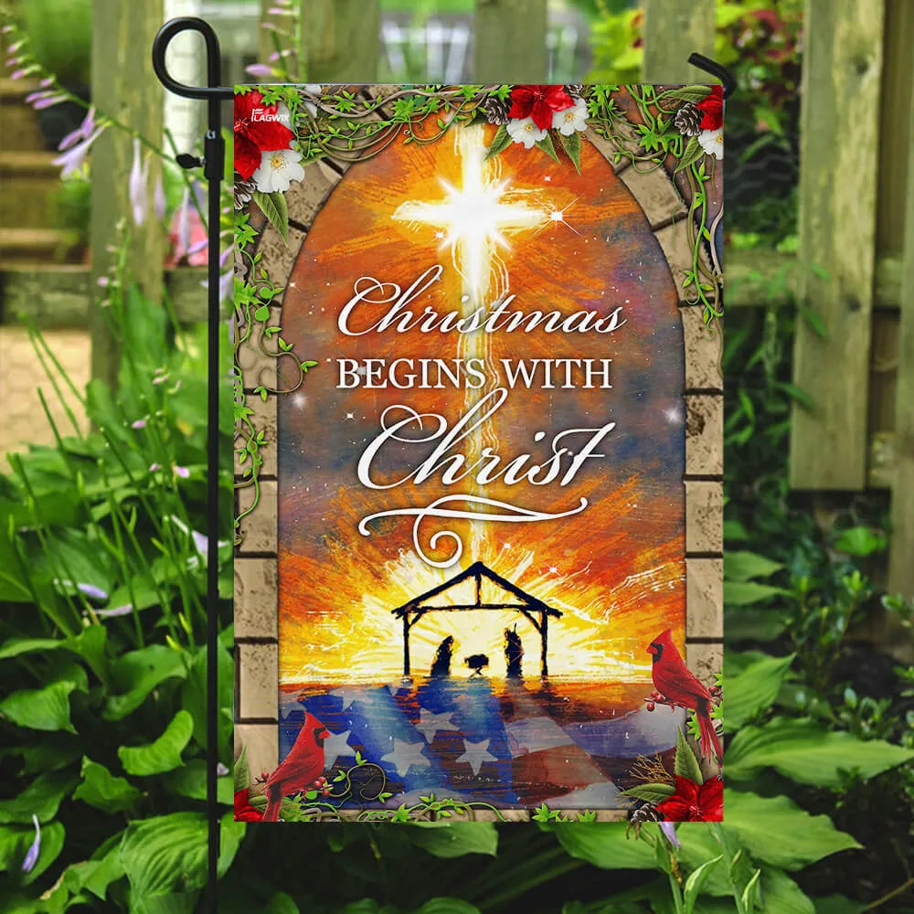 Holy Family Nativity Scene Yard Flag, Christmas Begins with Christ Garden Flag, Double-Sided Christian Christmas Lawn Flag, X
