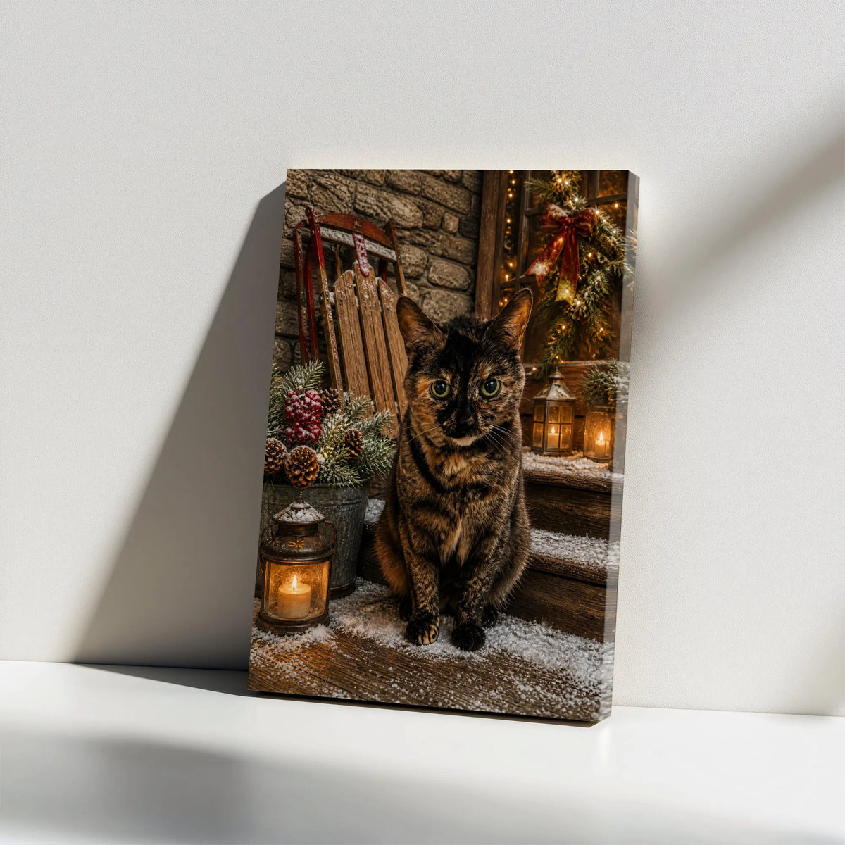 Tortoiseshell Cat Holiday Wall Art, Christmas Cat Canvas Print, Comfy Winter Cat Canvas, Rustic Christmas Porch Wall Decor, C