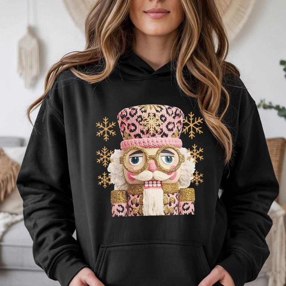 Adorable Holiday Graphic Hoodie, Pink Leopard Nutcracker Christmas Hoodie, Preppy Winter Ballet Hooded Sweatshirt, Comfy Xmas