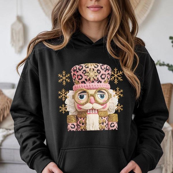 Adorable Holiday Graphic Hoodie, Pink Leopard Nutcracker Christmas Hoodie, Preppy Winter Ballet Hooded Sweatshirt, Comfy Xmas