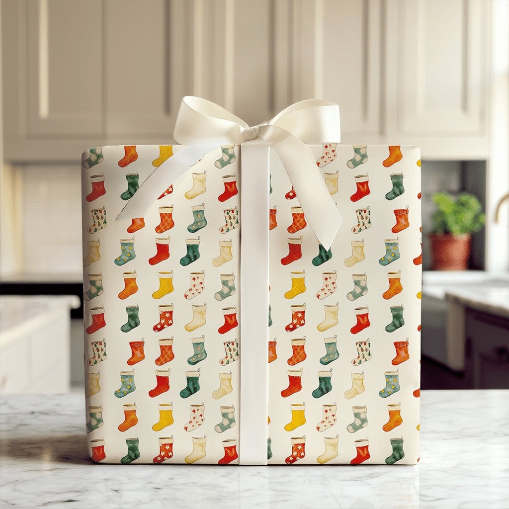 Vintage Holiday Gift Wrap, Christmas Stocking Wrapping Paper, Colorful Festive Christmas Wrapping Paper Roll, Traditional Xma