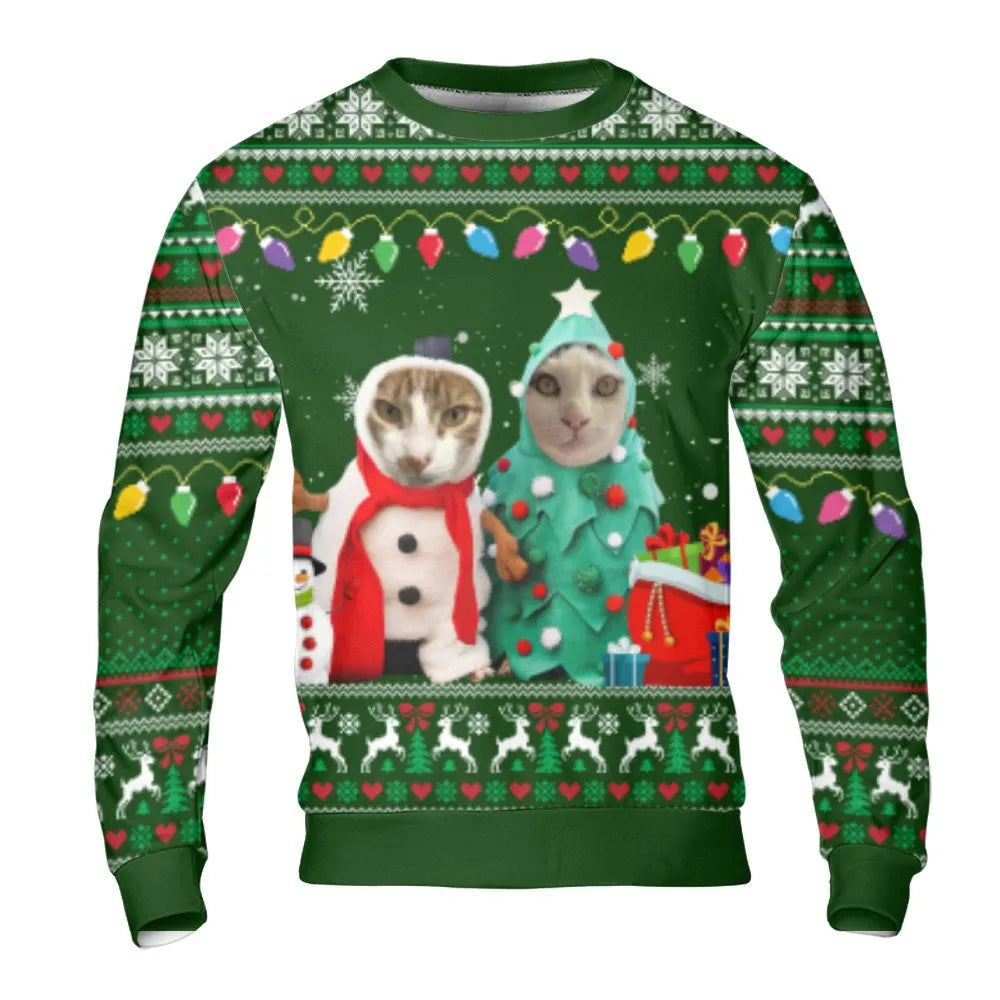Snowman Tree Costume Kitten Pullover, Cat Ugly Christmas Sweatshirt, Humorous Feline Holiday Crewneck, Adorable Xmas Animal L