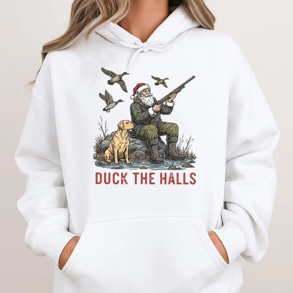 Santa Duck Hunting Labrador Sweatshirt, Duck the Halls Christmas Hoodie, Humorous Xmas Hunter Hoodie, Holiday Outdoorsman Hoo
