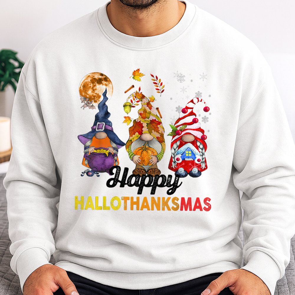 Halloween Thanksgiving Christmas Sweater, Hallothanksmas Gnome Sweatshirt, Adorable Trio Holiday Gnome Crewneck, Comfy Fall W