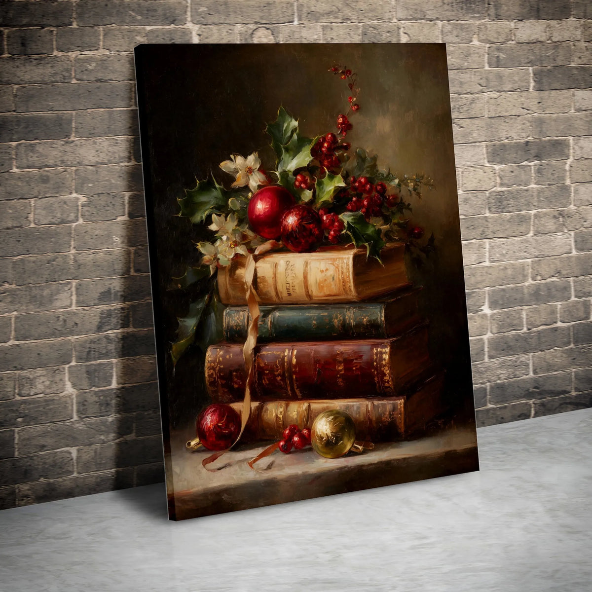 Antique Books Wall Art Print, Christmas Still Life Canvas Print, Vintage Holiday Canvas Print, Winter Digital Download, Book 