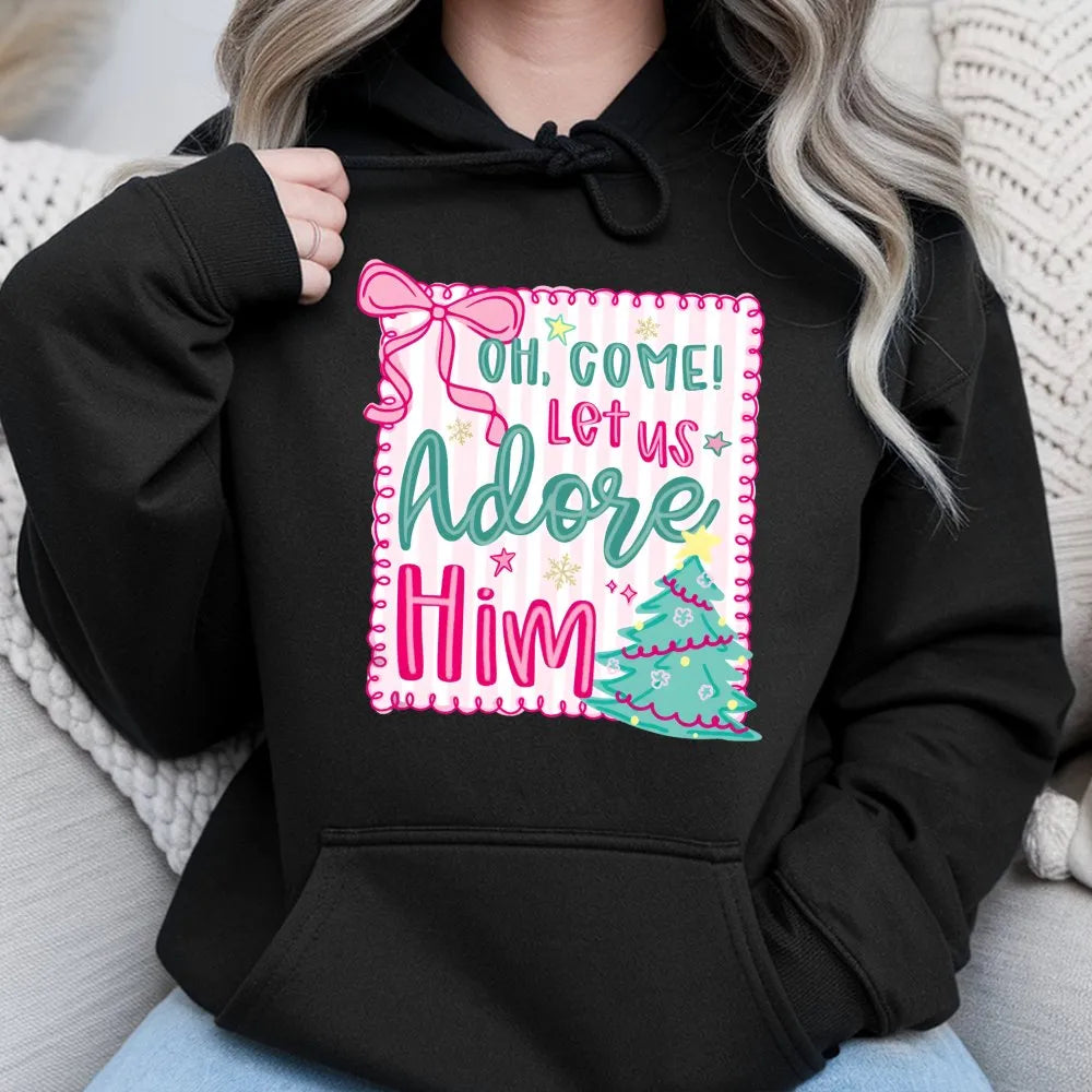 Pink Coquette Christmas Hoodie, Oh Come Let Us Adore Him Hoodie, Retro Christian Holiday Sweatshirt, Adorable Religious Faith