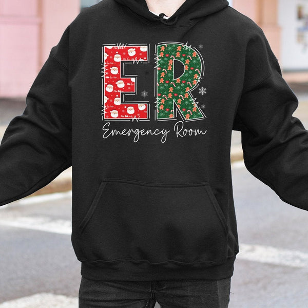 Emergency Room Holiday Graphic Hoodie, ER Nurse Christmas Hoodie, Festive Medical RN Hooded Sweatshirt, Doctor Christmas Pres