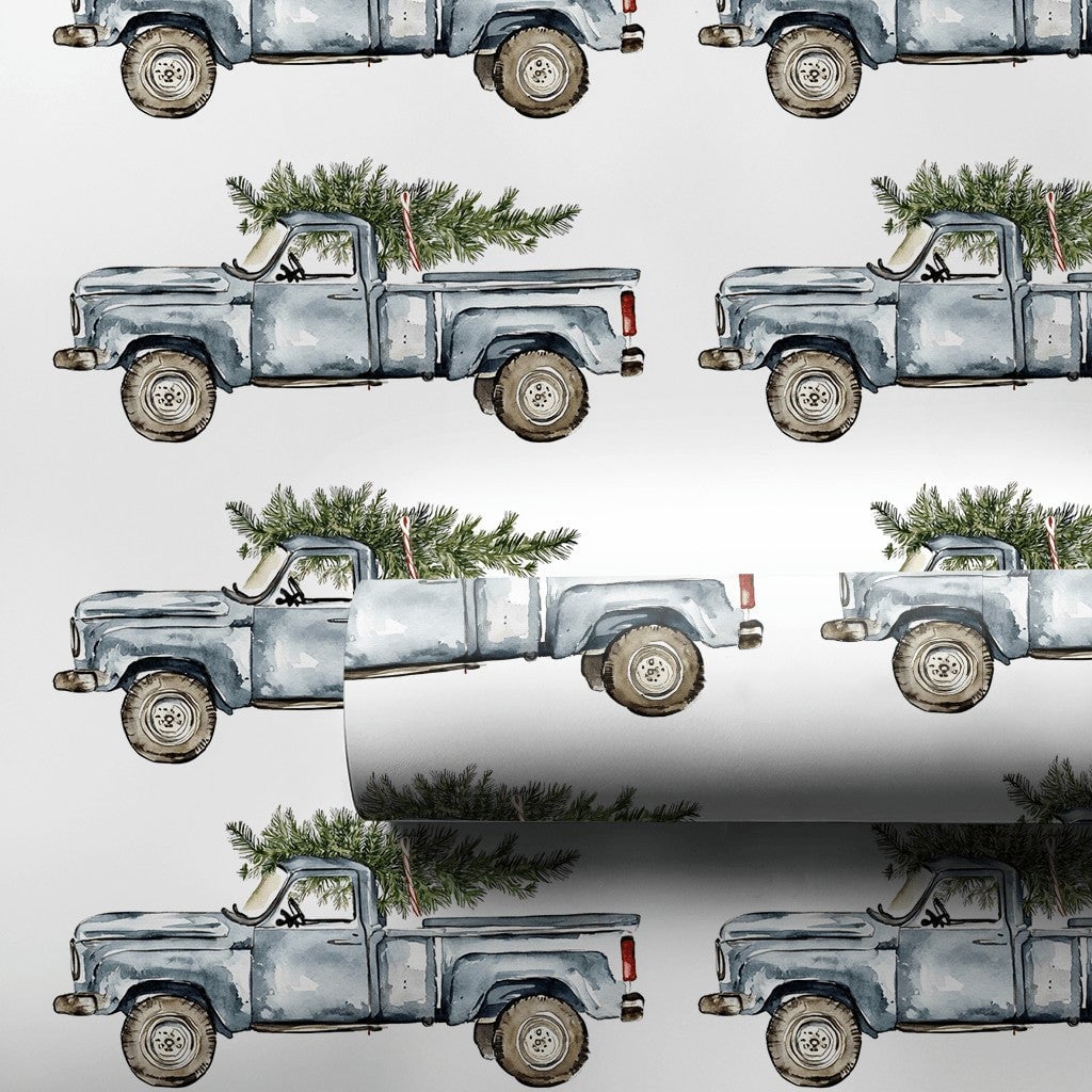 Farmhouse Tree Holiday Wrapping Paper, Vintage Blue Truck Christmas Wrapping Paper, Watercolor Rustic Xmas Gift Wrap, Winter 