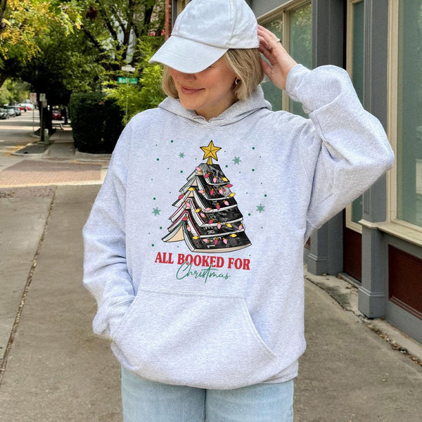 Adorable Book Lover Xmas Tree Hooded Sweatshirt, All Booked for Christmas Hoodie, Comfy Reader Holiday Pullover, Bookish Xmas