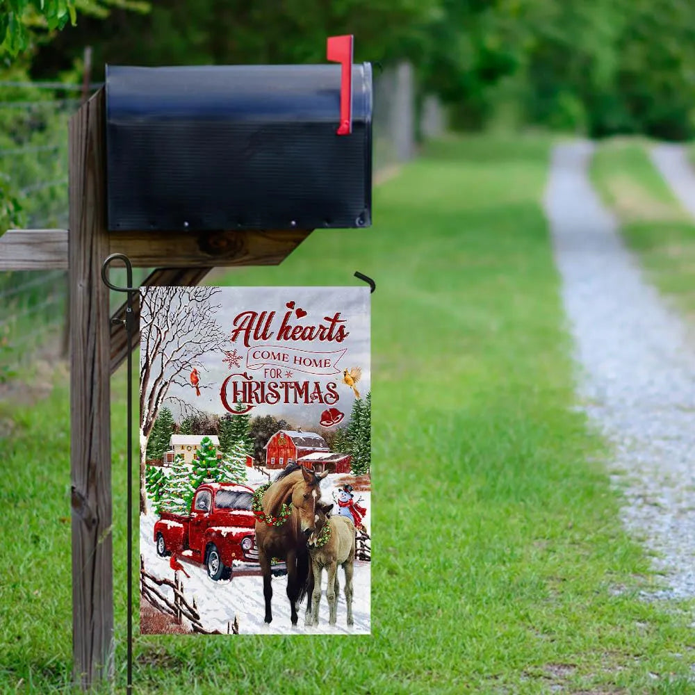 Red Truck Winter Horse Yard Flag, All Hearts Come Home for Christmas Garden Flag, Double-Sided Holiday Farmhouse Lawn Flag, X