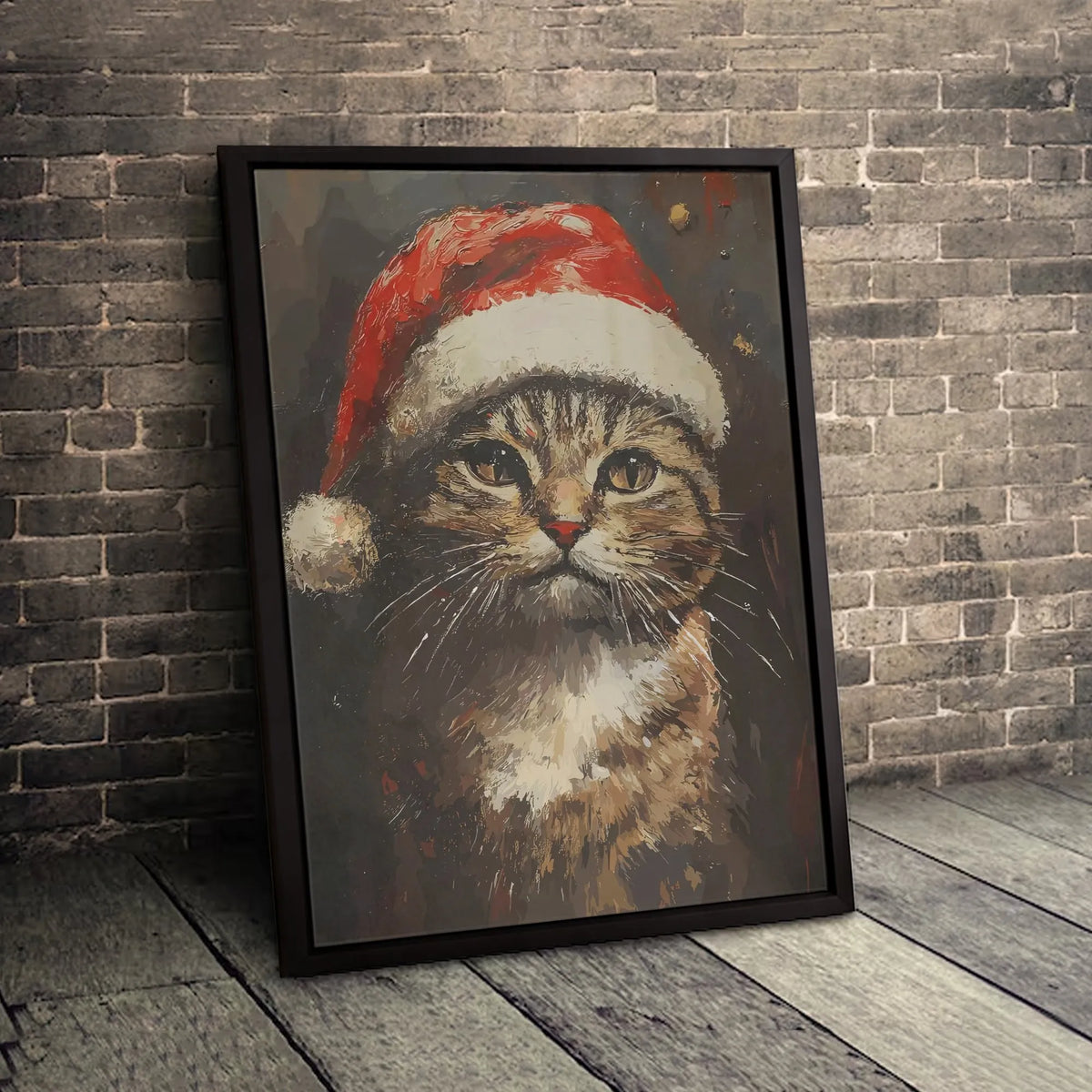 Tabby Cat in Santa Hat Print, Christmas Cat Wall Art, Festive Holiday Pet Canvas Art, Comfy Winter Wall Decor, Cat Lover Digi