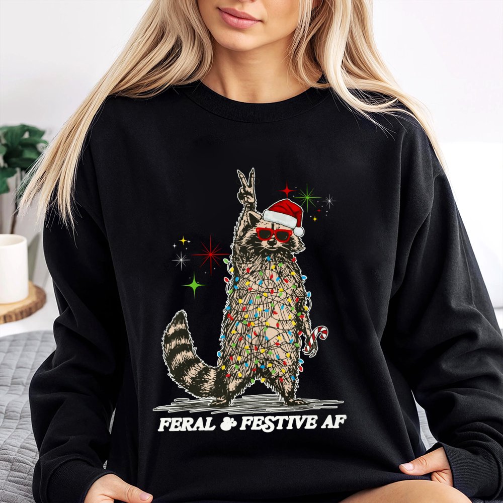 Tangled Lights Holiday Crewneck, Feral and Festive Raccoon Christmas Sweatshirt, Humorous Animal Xmas Pullover, Ugly Christma
