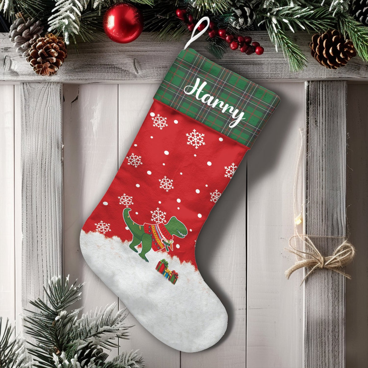 Custom Name T-Rex Holiday Stocking, Personalized Dinosaur Christmas Stocking, Adorable Dino Winter Stocking, Fireplace Decor,