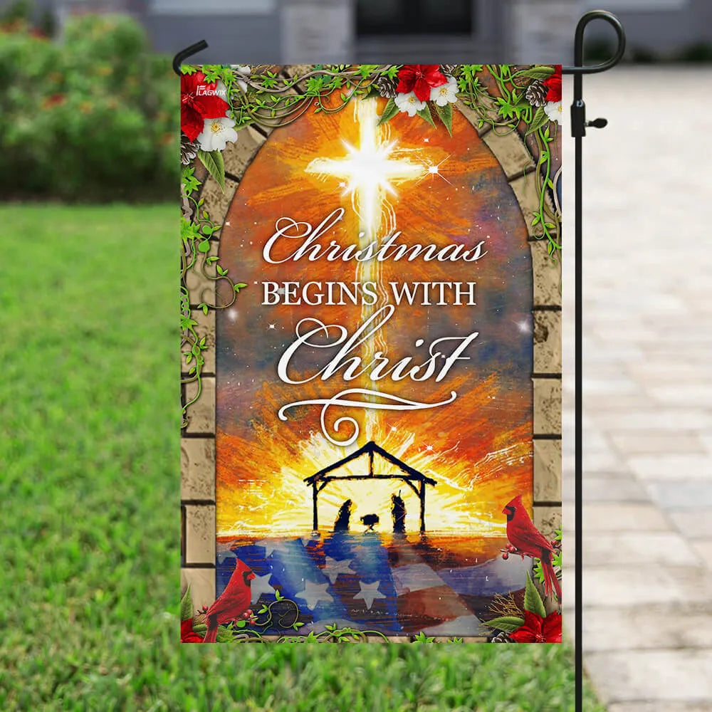 Holy Family Nativity Scene Yard Flag, Christmas Begins with Christ Garden Flag, Double-Sided Christian Christmas Lawn Flag, X