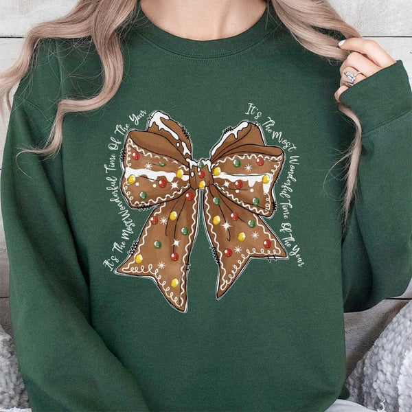 Coquette Holiday Cookie Sweater, Gingerbread Bow Christmas Sweatshirt, Adorable Xmas Graphic Crewneck, Winter Pullover, Festi
